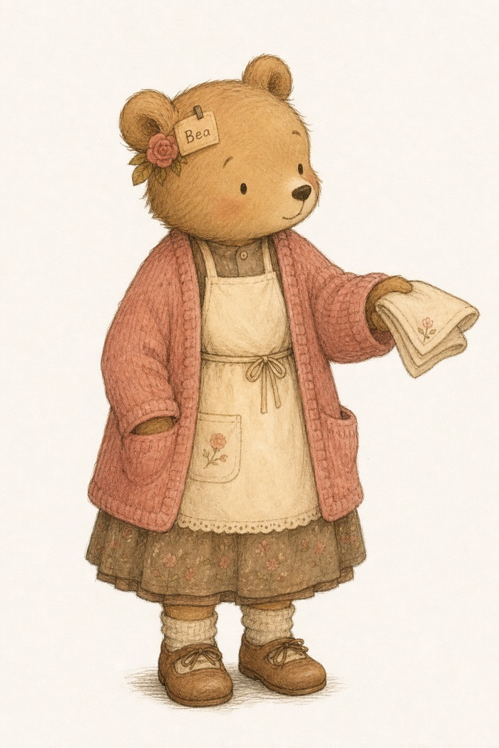 Bea the bear in her cardigan and apron, offering a folded handkerchief — early test illustration