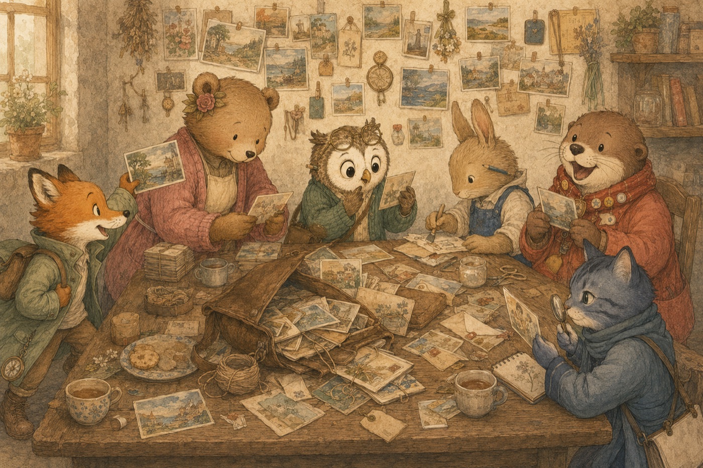 All six friends sorting a mailbag of postcards at the table beneath a wall of pinned cards
