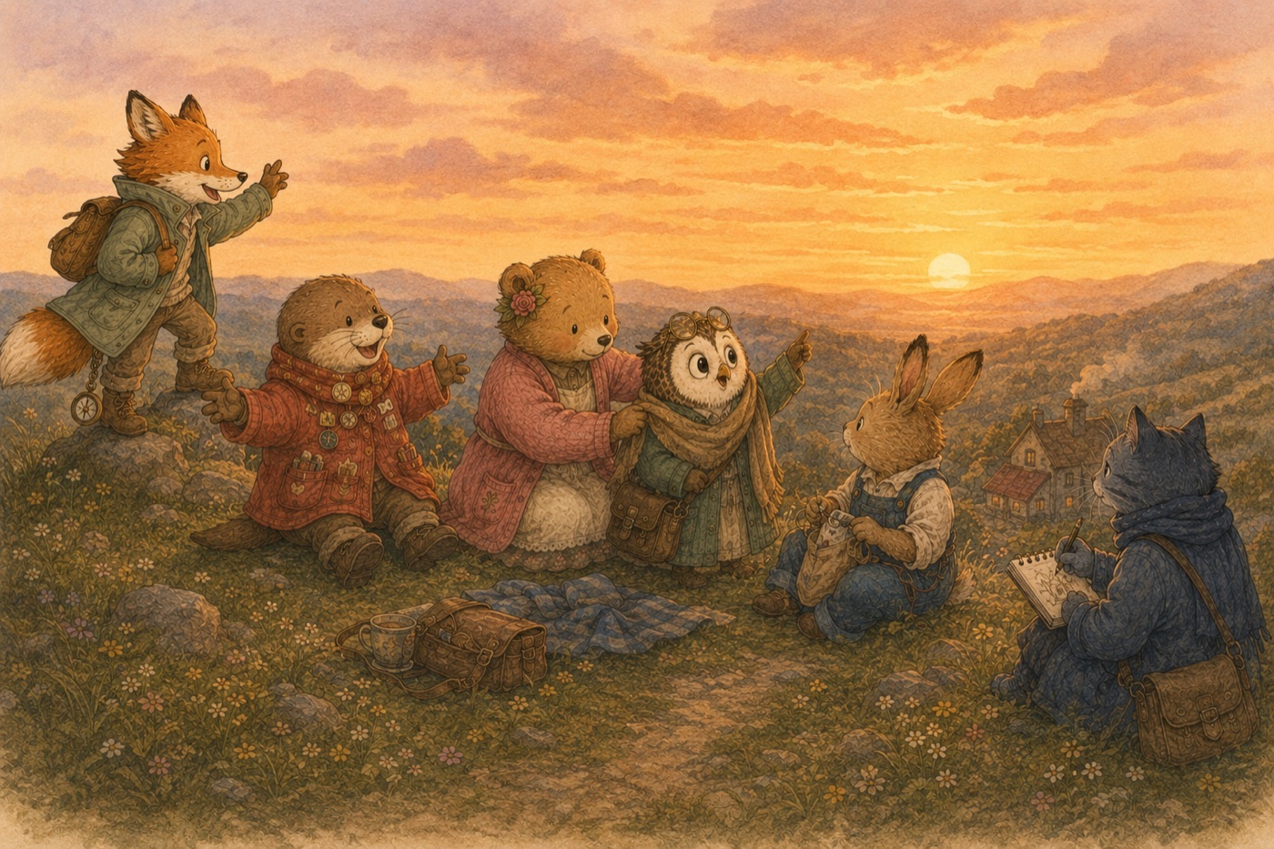 All six friends together on a hilltop at sunset — Finn pointing at the light, Bea wrapping a scarf around Olive, Pip and Sumi sketching, the valley going gold