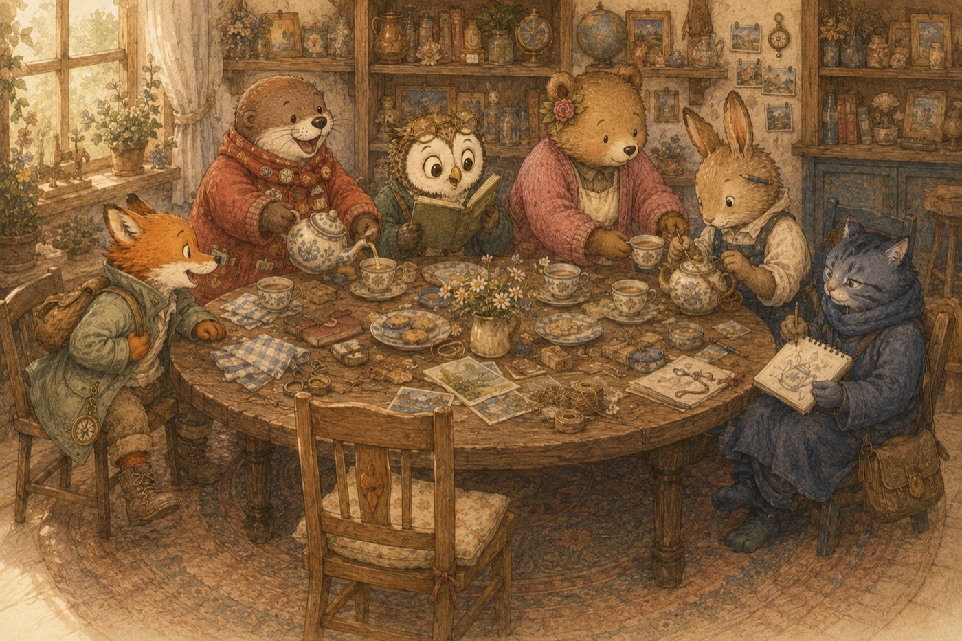All six friends home around the big round table, teapots pouring, postcards and souvenirs spread across the cloth