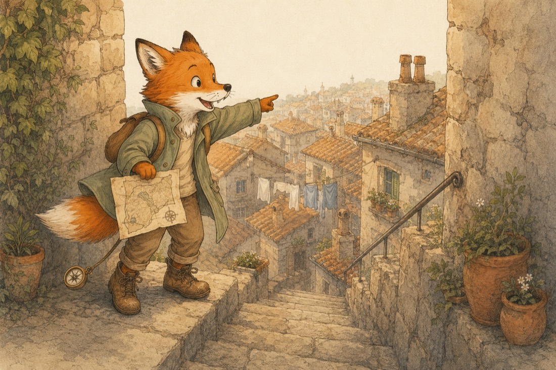 Finn the fox on a sunlit stone stair above a hill-town, pointing out at the rooftops with a map in his paw