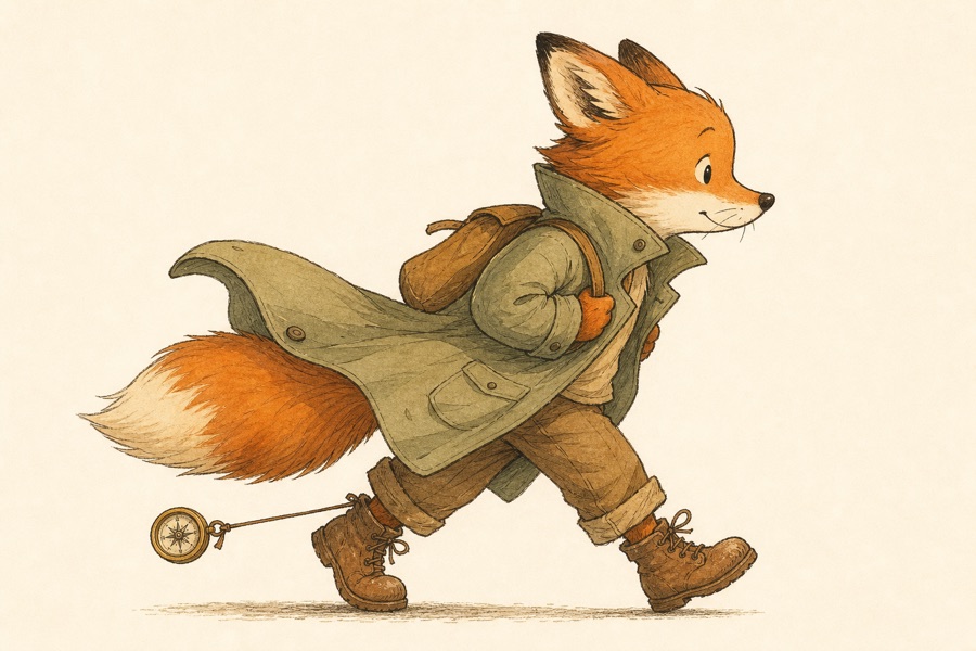 Finn the fox mid-stride in his travel coat, compass trailing — early test illustration