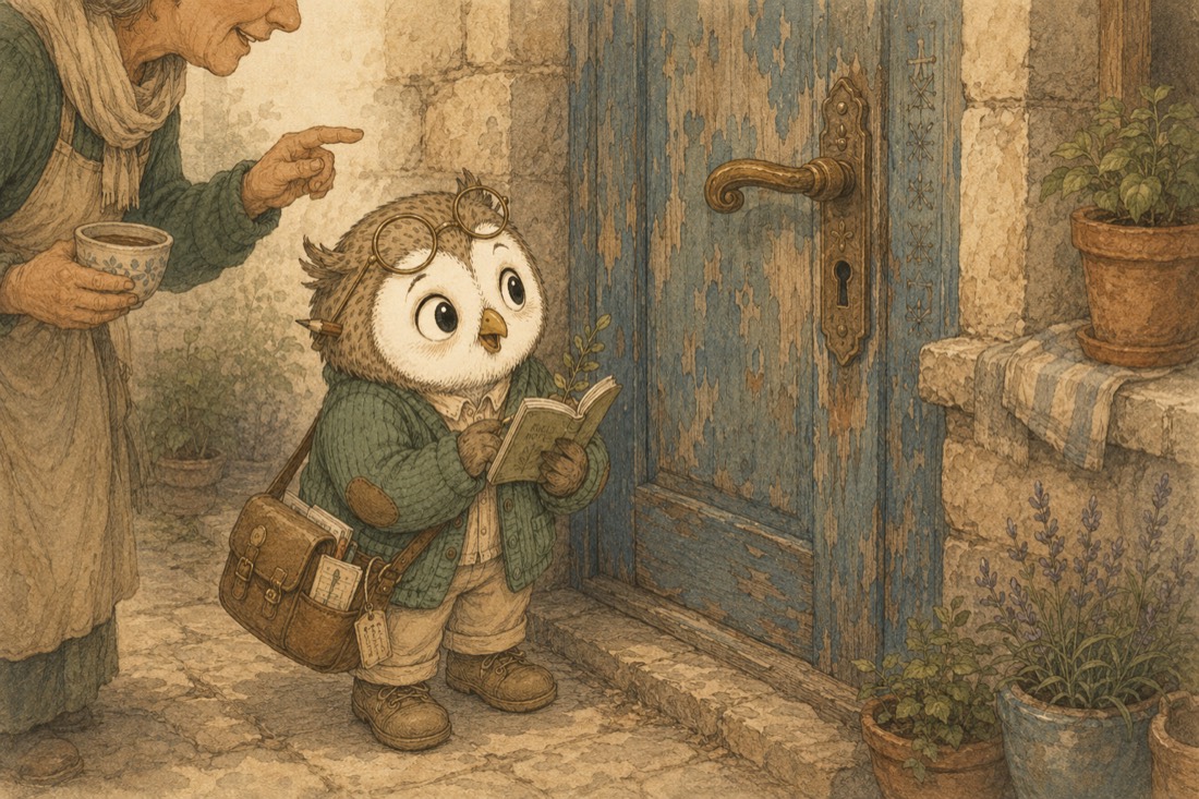 Olive the owl at a weathered blue door, jotting in her notebook while an old woman points the way