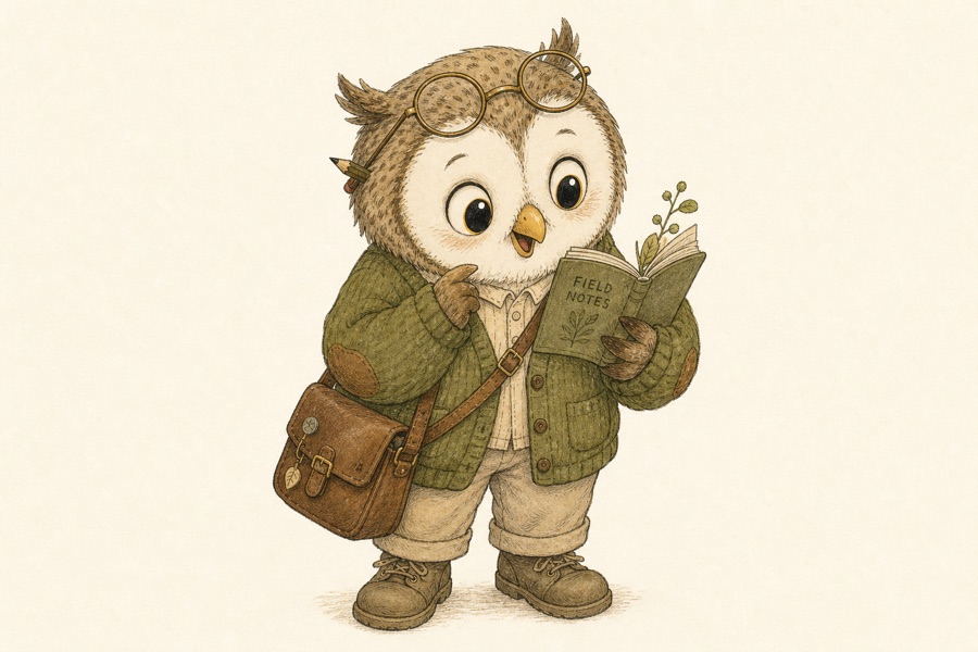 Olive the owl reading her field notes, spectacles pushed up — early test illustration