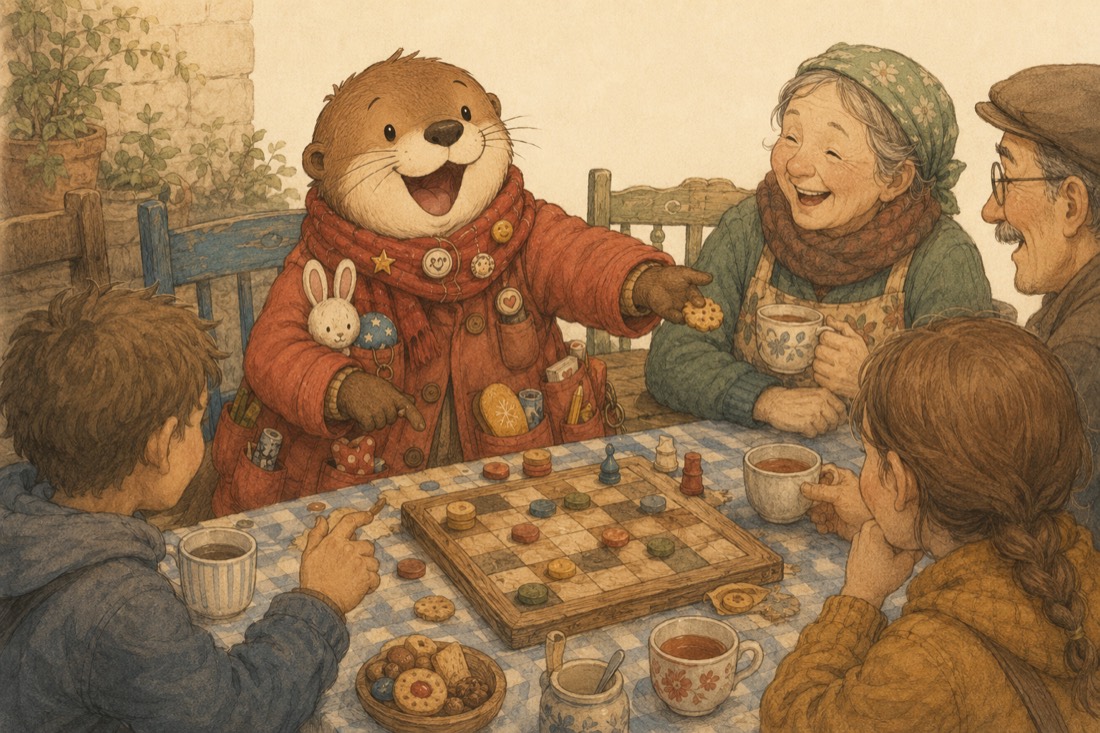 Otto the otter mid-game over a checkerboard, sharing tea and a biscuit with a laughing older couple