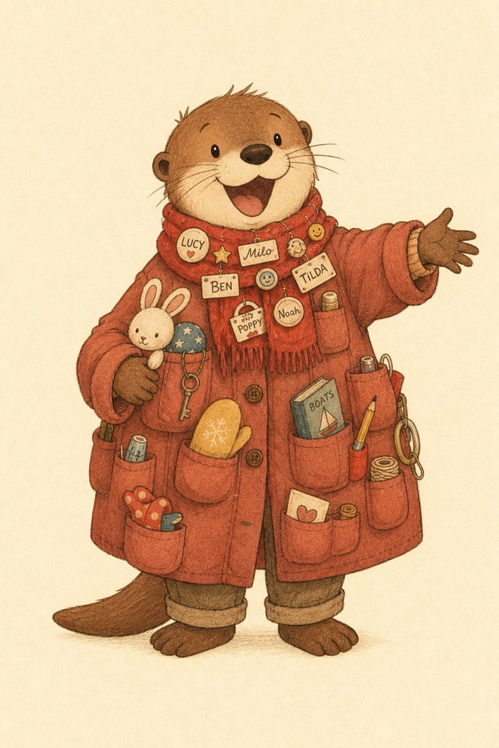 Otto the otter mid-welcome, his coat of pockets hung with collected name tags — early test illustration