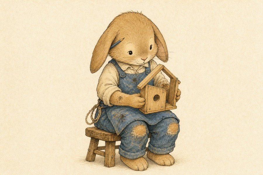 Pip the rabbit in patched dungarees, a half-built birdhouse in her lap — early test illustration