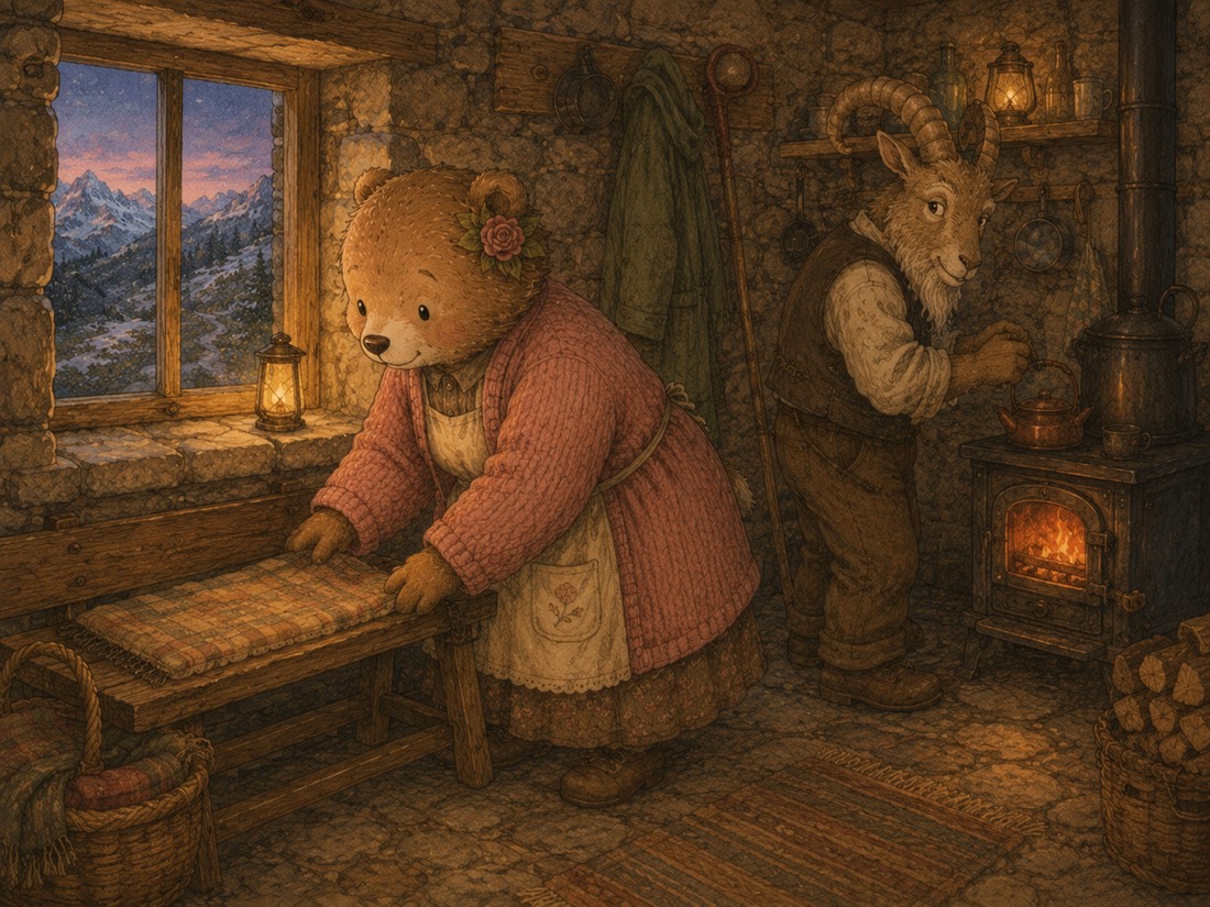 Bea the bear inside the refuge tending the cushioned bench by the window while Ori the keeper sets the kettle on the stove