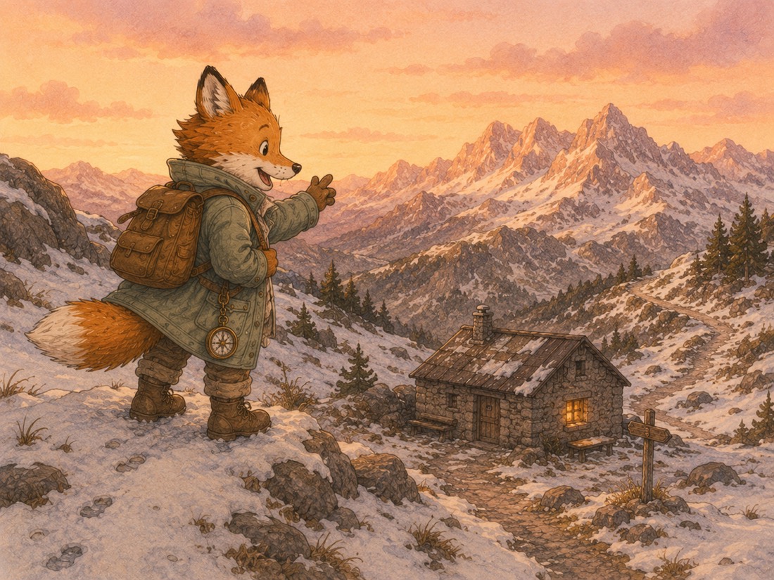 Finn the fox on the snowy ridge at dusk, pointing down to the lit stone refuge as the range turns pink