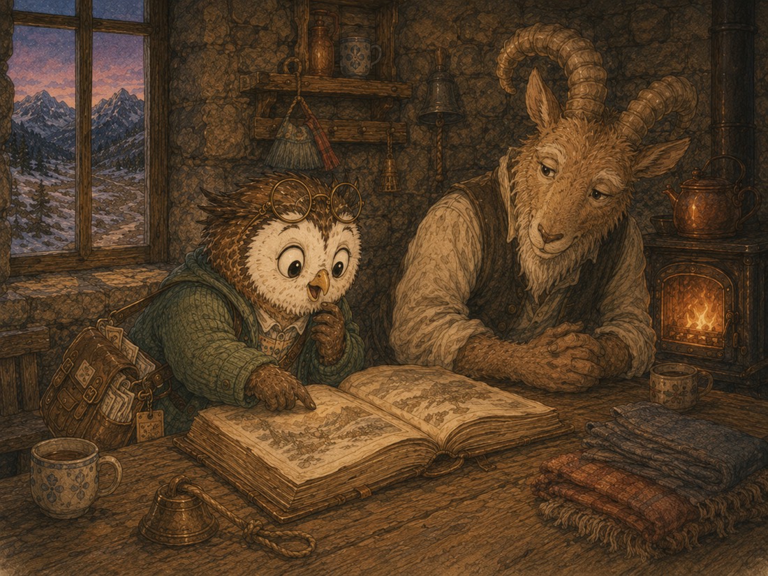 Olive the owl at the table poring over the refuge's old logbook with Ori the keeper beside her