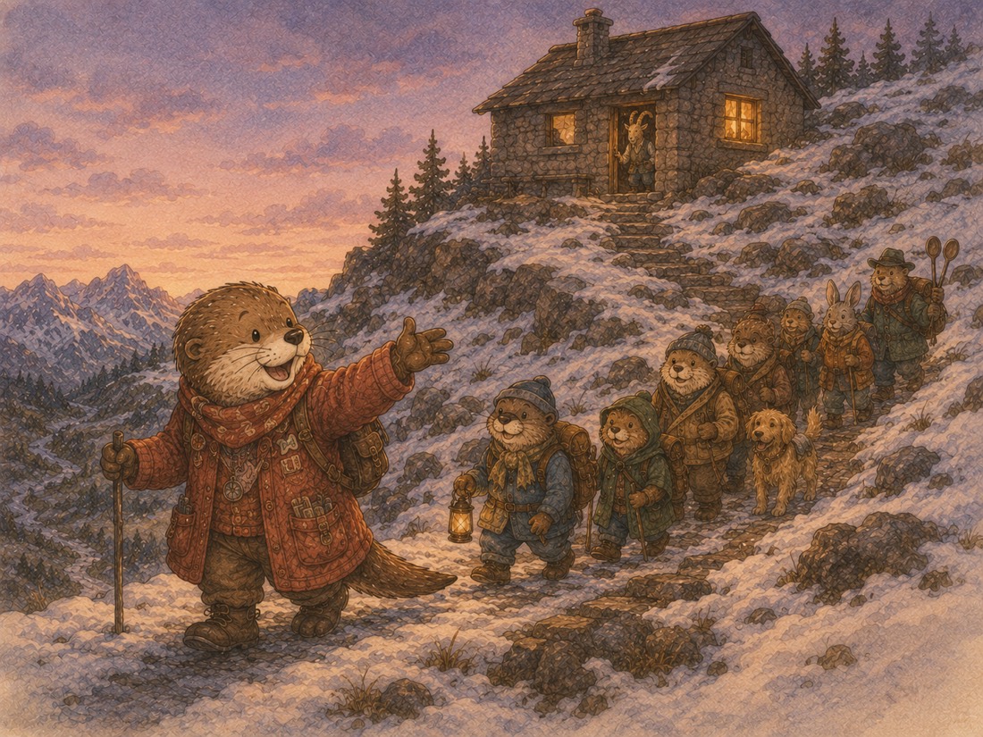 Otto the otter leading a line of trail walkers and a dog up the snowy switchbacks to the refuge, Ori waiting in the lit doorway
