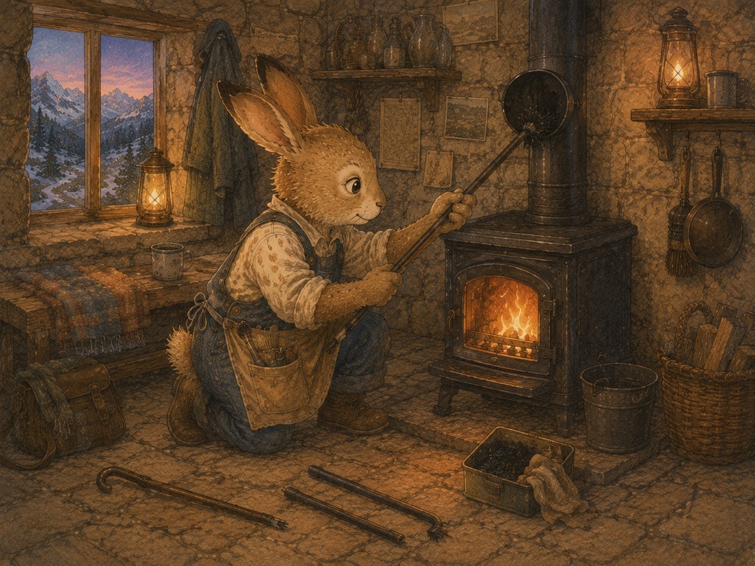 Pip the rabbit kneeling at the wood stove clearing the blocked flue with a rod, spent rods on the floor
