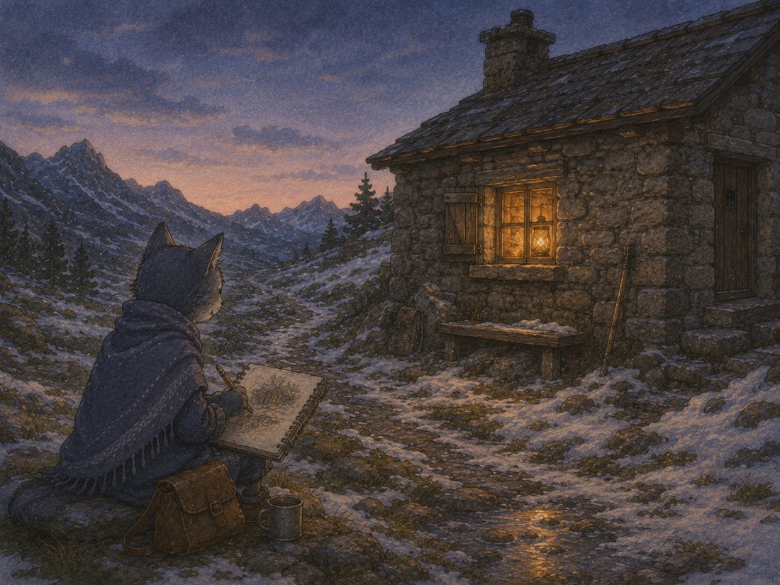 Sumi the cat sitting apart in the blue dusk, sketching the one lamplit window of the stone refuge above the empty pass