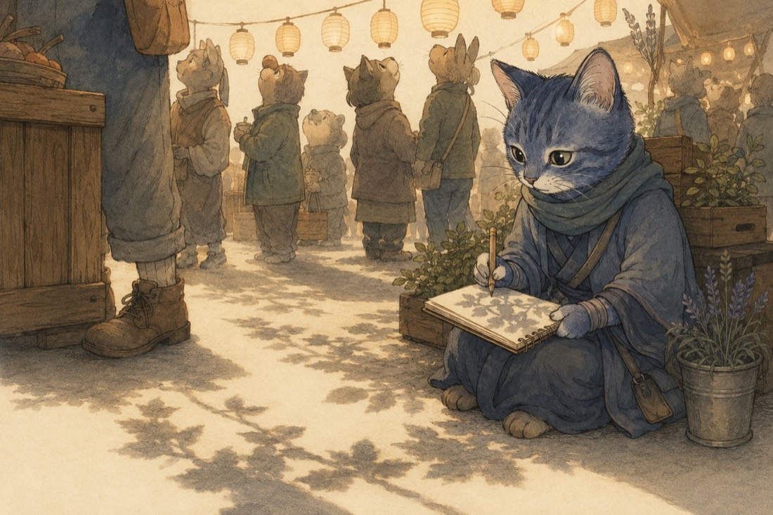 Sumi the cat sitting apart at a lantern-lit night market, quietly sketching the crowd in her book