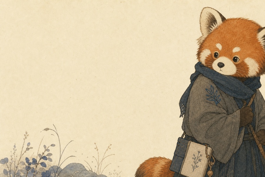 Sumi the red panda in her wrap and scarf, quiet at the edge of the frame — early test illustration